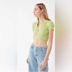 Urban Outfitters Cream Ribbed “Grassy Cropped Polo Shirt" Size M